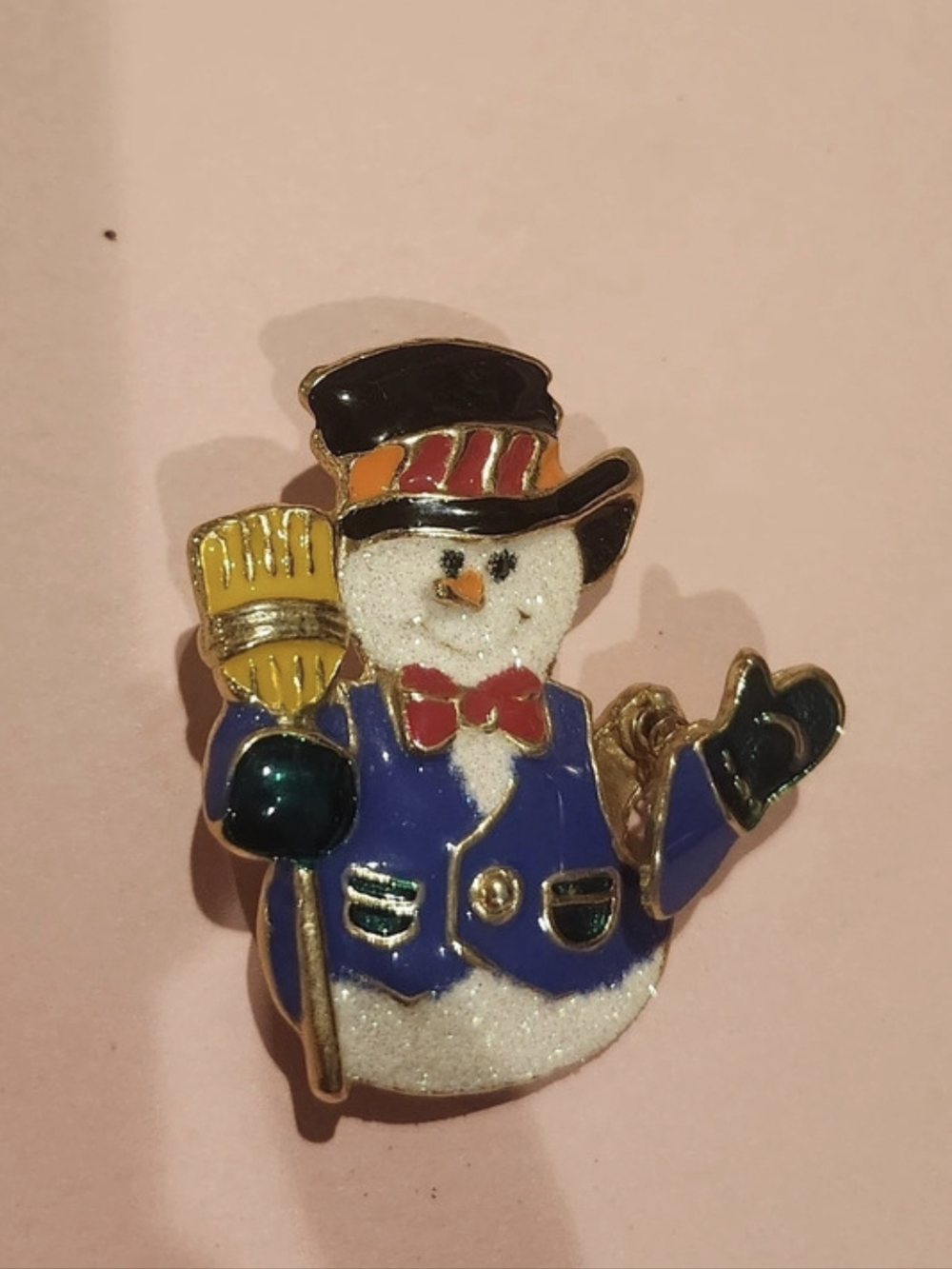 Snowman Holiday Brooch Blue & Gold Like New